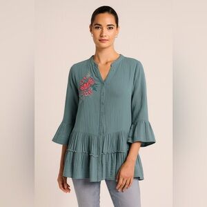 Paper Lace Boho Teal Embroidered Floral Ruffle Sleeve Blouse Size M